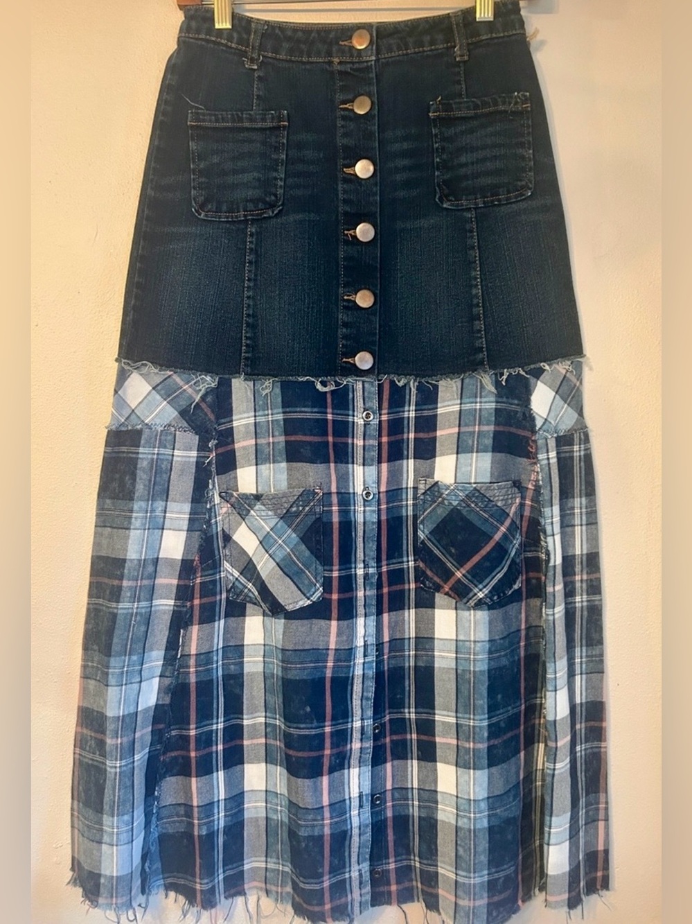 Upcycled dark denim and plaid button down shirt skirt